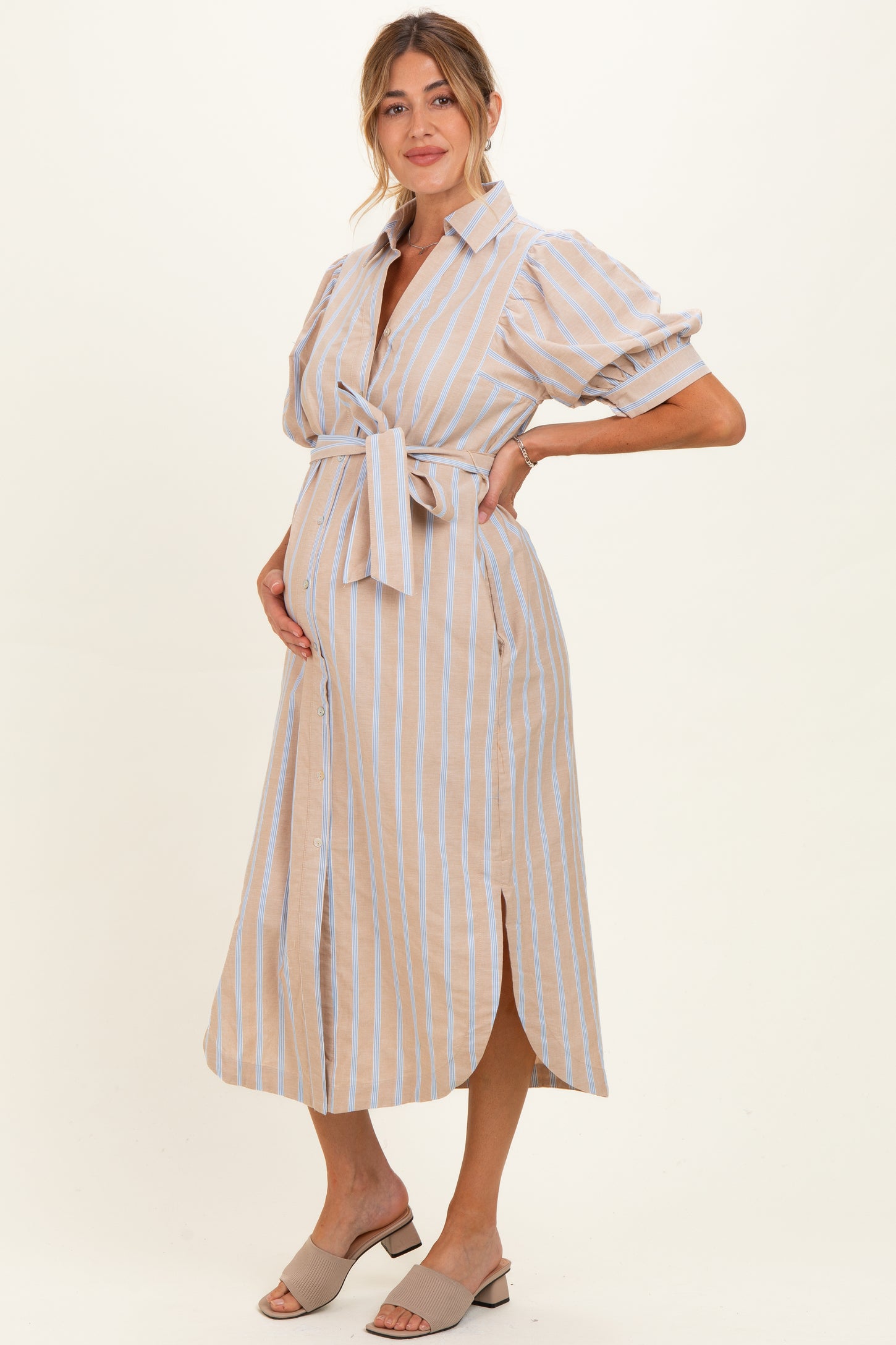 Sand Striped Puff Sleeve Maternity Midi Shirt Dress