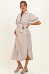 Sand Striped Puff Sleeve Maternity Midi Shirt Dress
