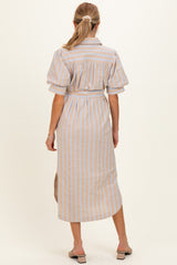 Sand Striped Puff Sleeve Maternity Midi Shirt Dress