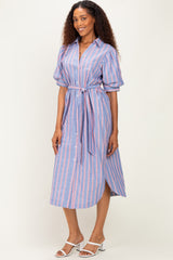 Blue Striped Puff Sleeve Midi Shirt Dress