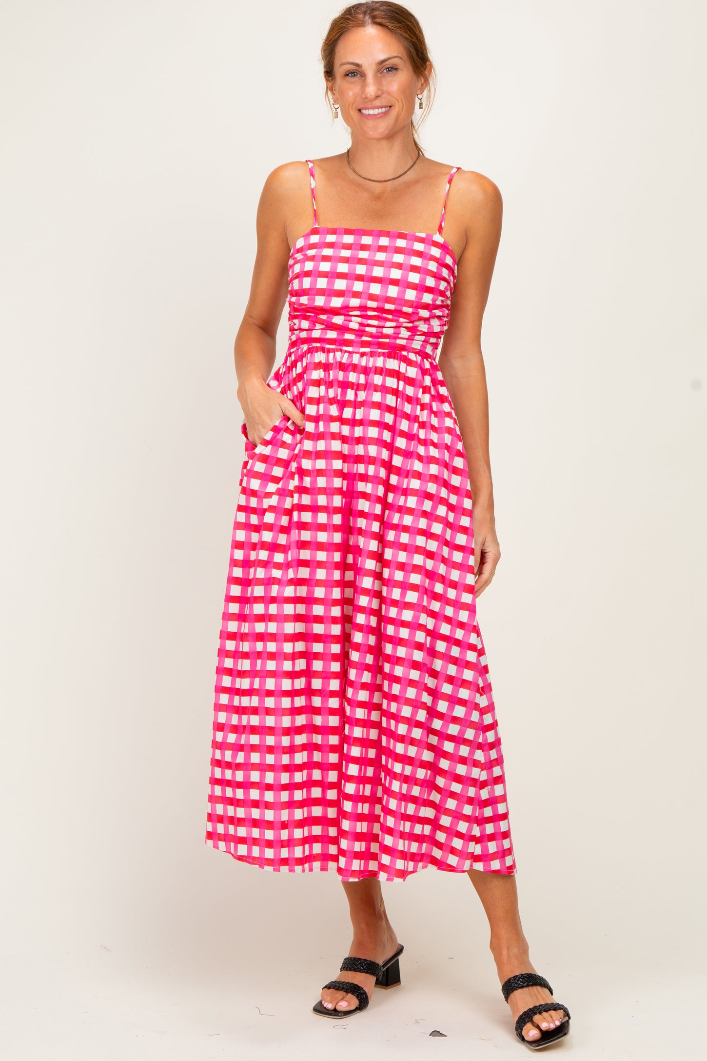 Hot Pink Gingham Midi Dress
