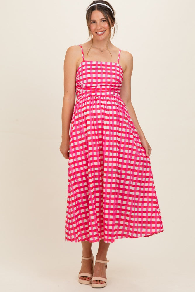 Hot Pink Gingham Maternity Midi Dress