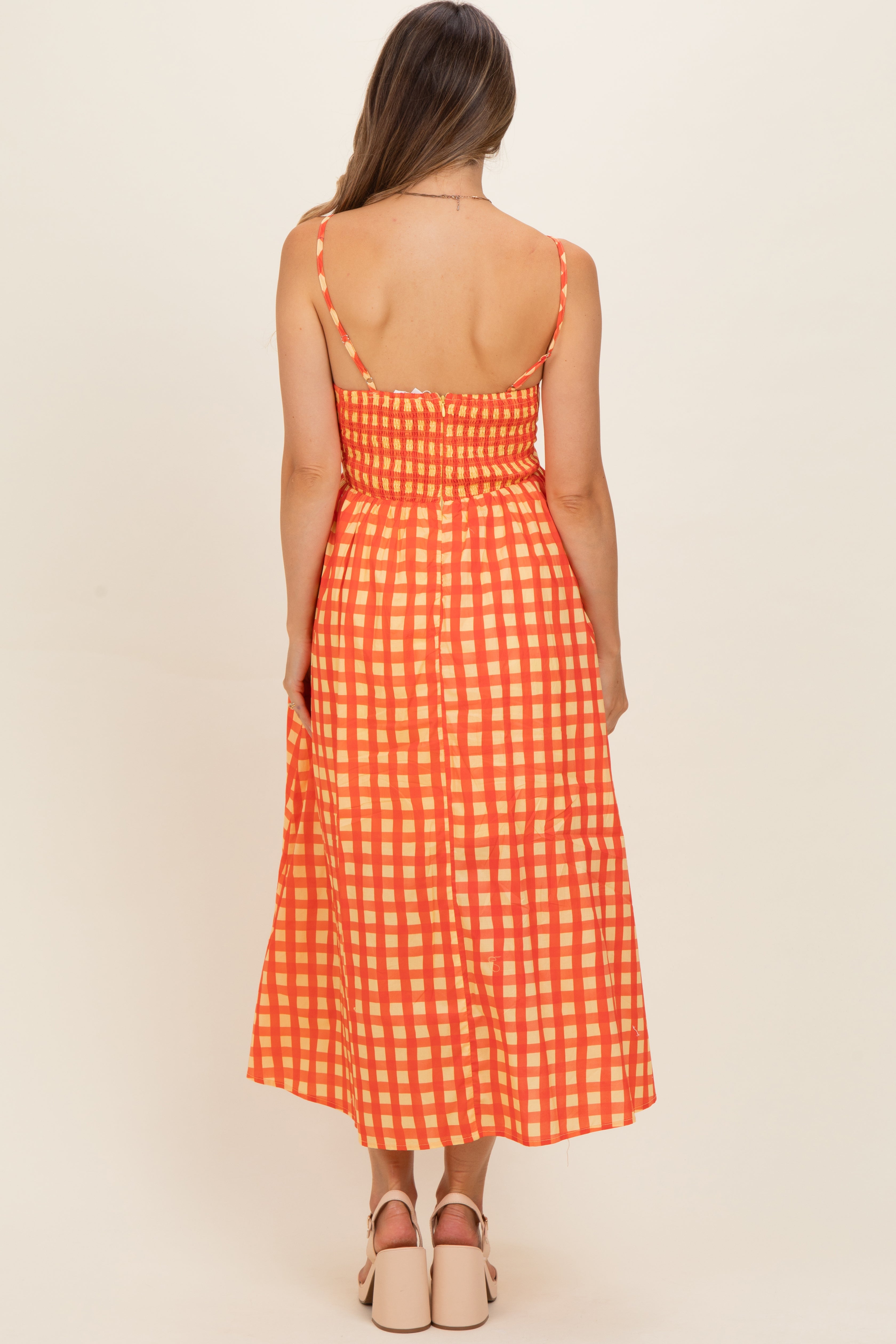 Orange Gingham Maternity Midi Dress
