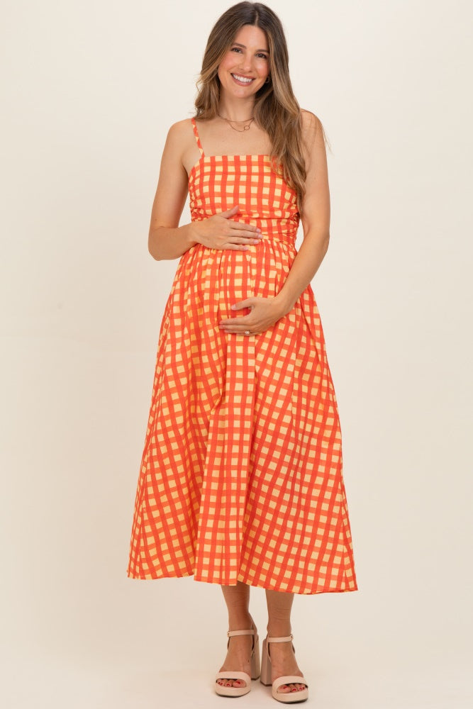 orange gingham midi dress Orange Gingham Maternity Midi Dress – PinkBlush