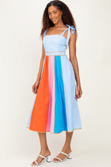 Light Blue Colorblock Shoulder Tie Midi Dress