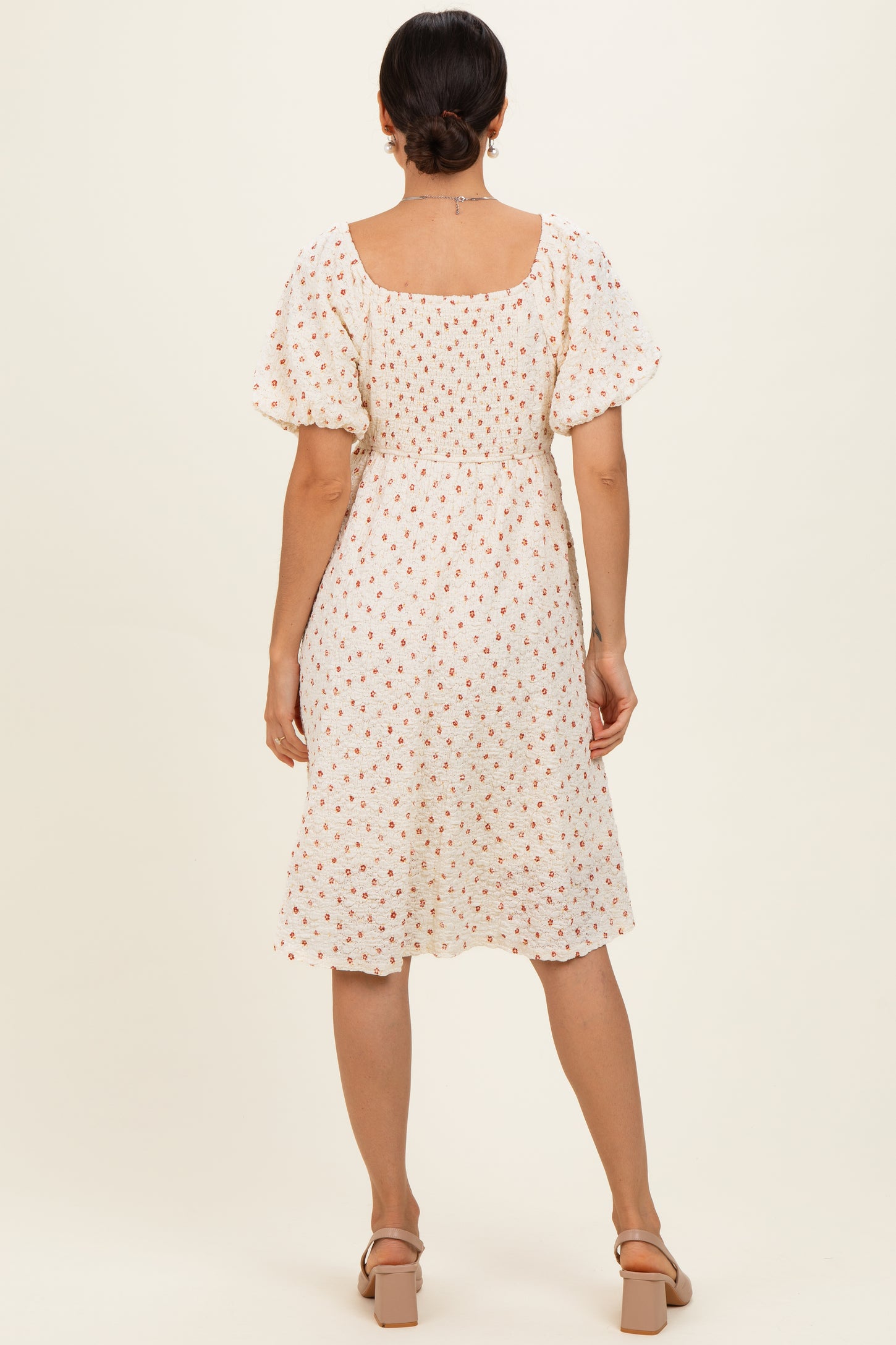 Cream Floral Textured Knit Midi Dress