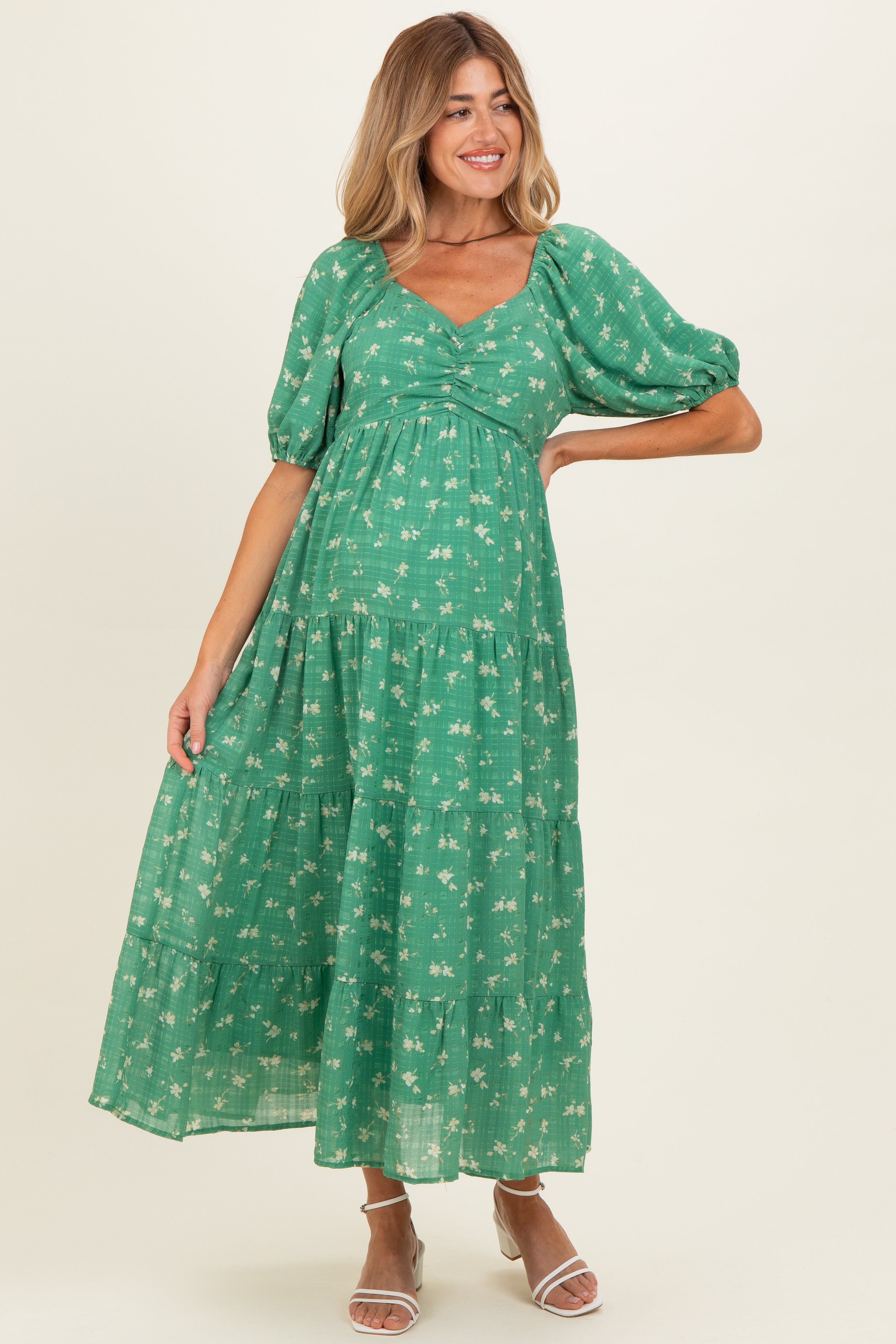 Green Printed Sweetheart Neckline Tiered Maternity Dress