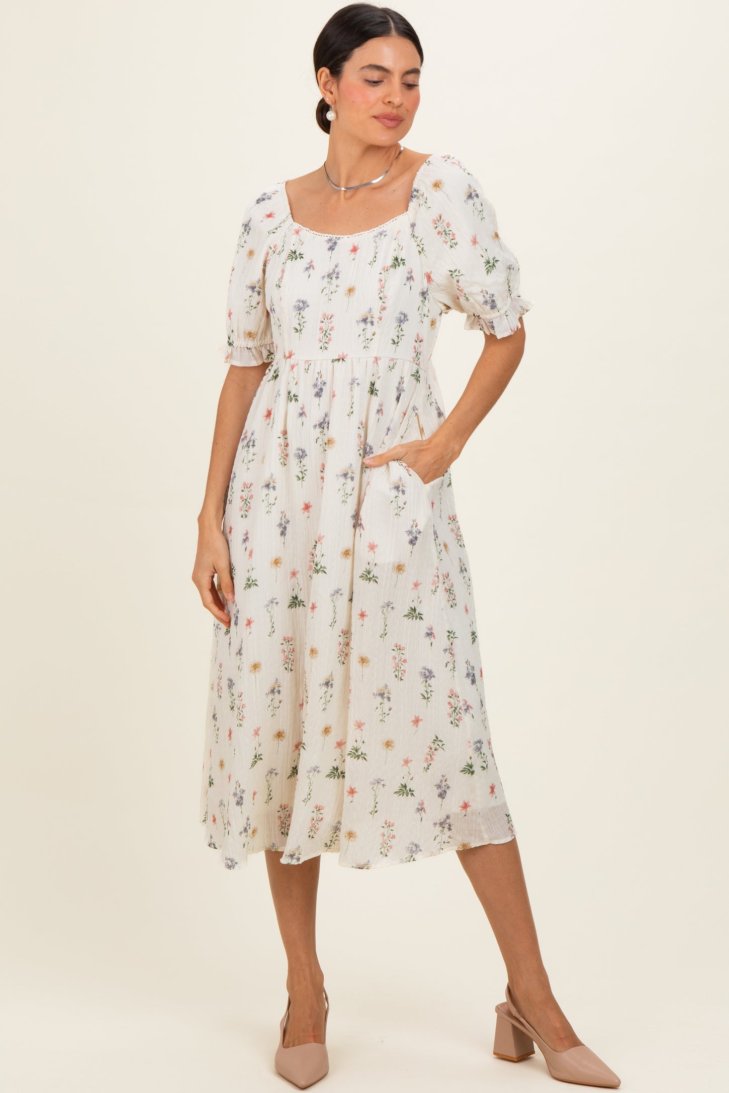 Ivory Floral Sweetheart Neckline Midi Dress Ivory Floral Sweetheart Neckline Midi Dress