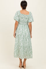 Green Floral Smocked Short Sleeve Midi Dress