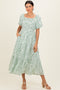 Green Floral Smocked Short Sleeve Midi Dress