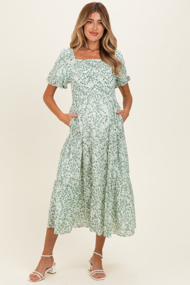 Green Floral Smocked Short Sleeve Maternity Midi Dress