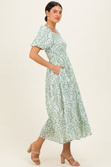Green Floral Smocked Short Sleeve Midi Dress