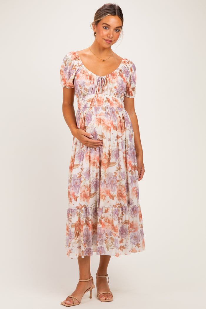 Rose Floral Front Tie Puff Sleeve Maternity Maxi Dress