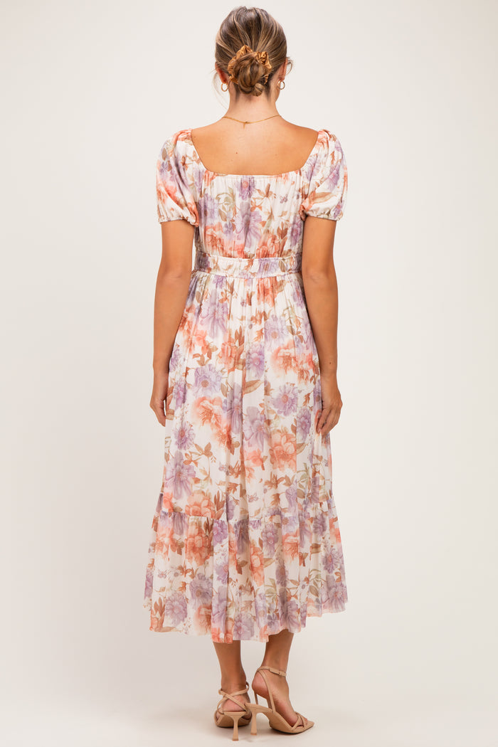 Rose Floral Front Tie Puff Sleeve Maternity Maxi Dress