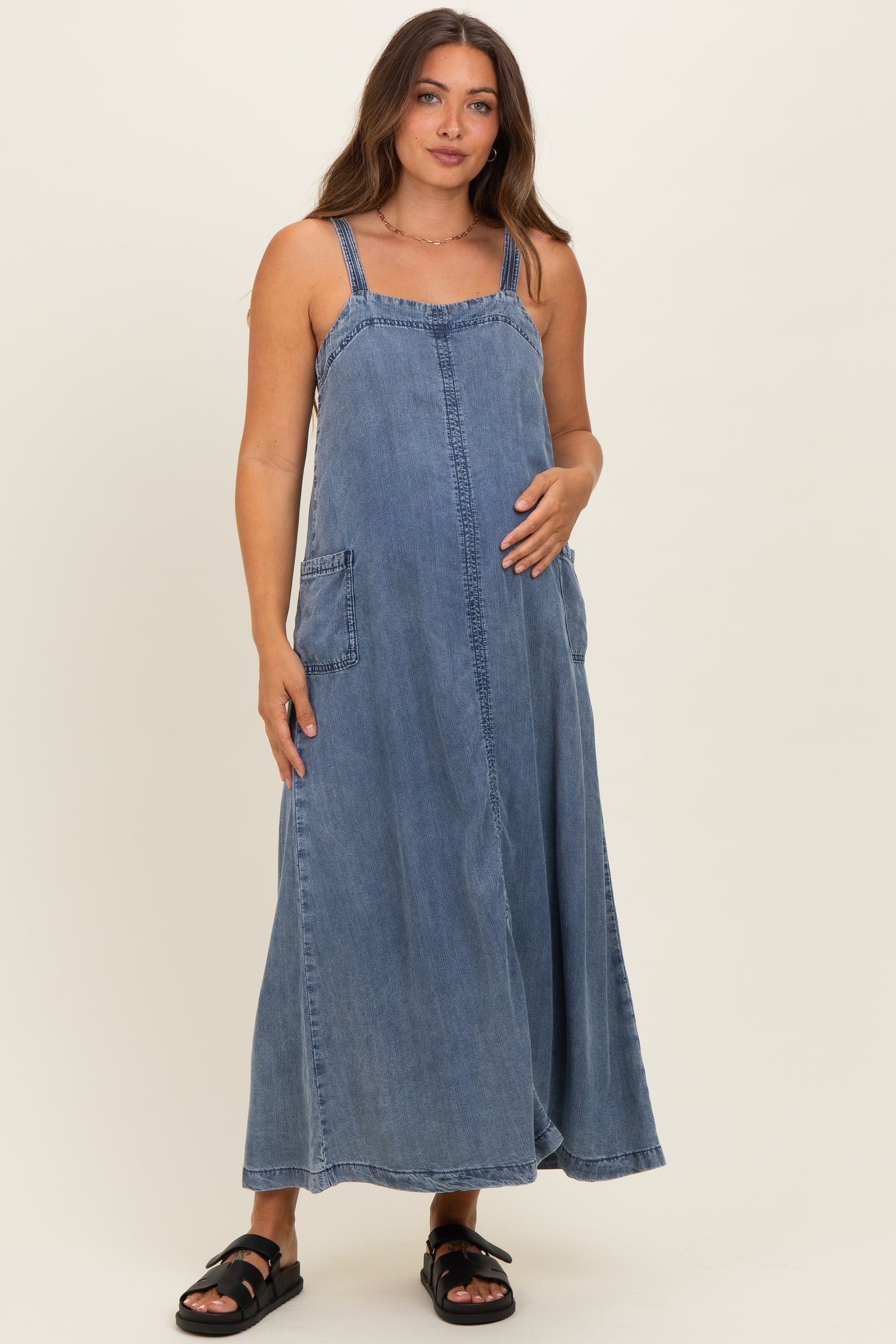 Denim Blue Sleeveless Side Pocket Maternity Dress
