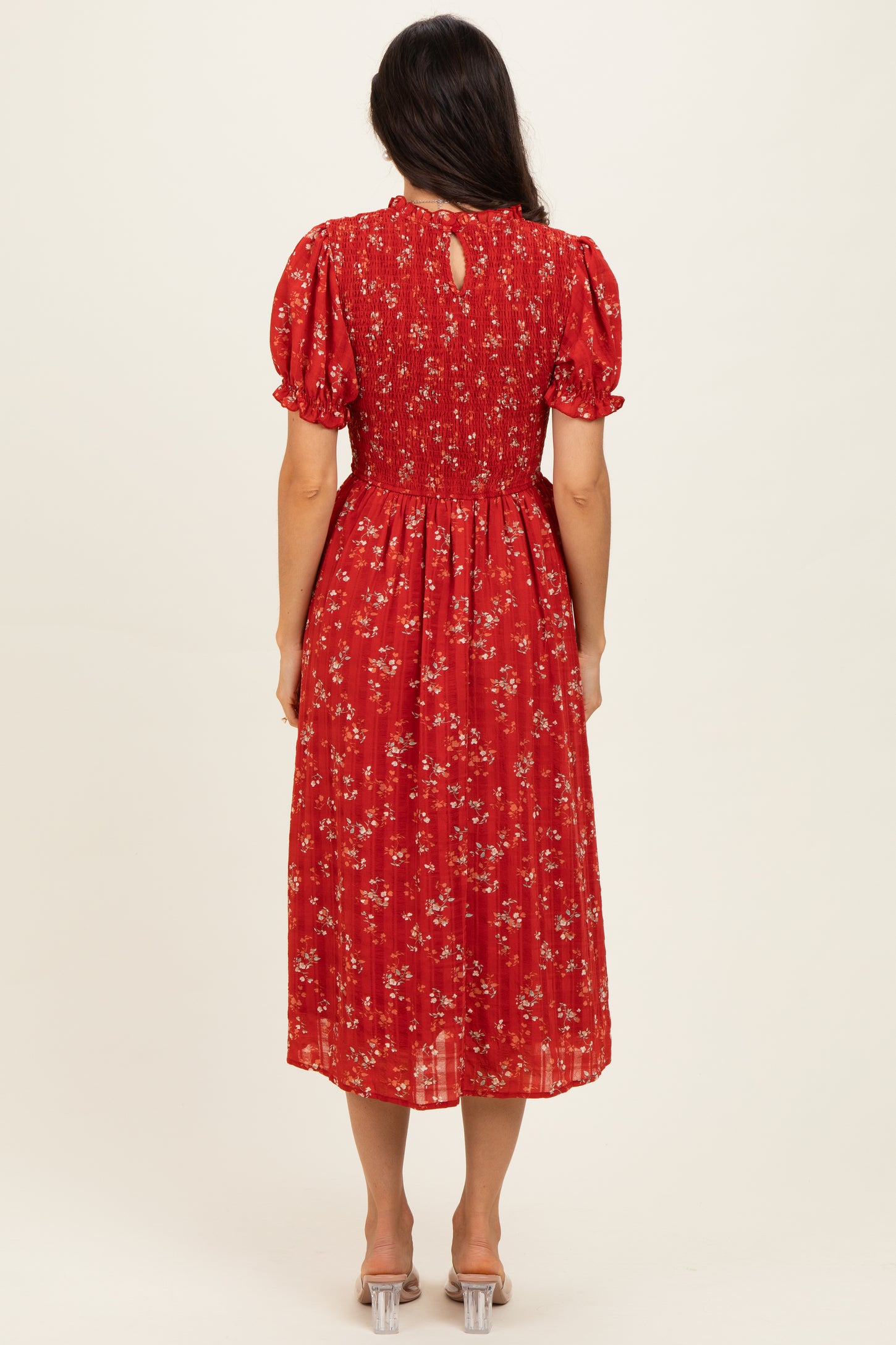 Red Floral Smocked Midi Dress