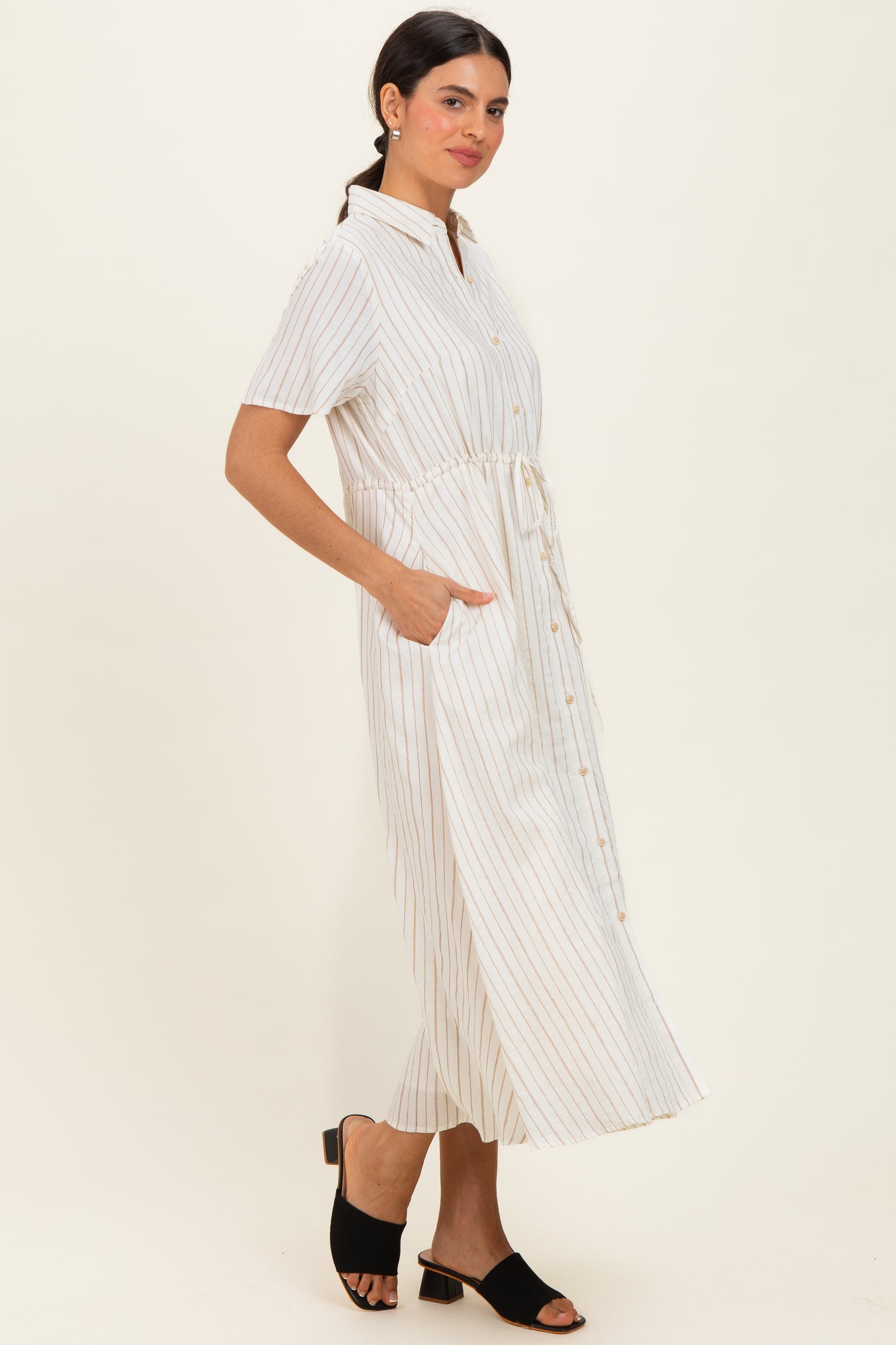 Ivory Striped Waist Tie Shirt Dress