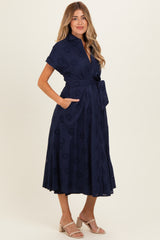 Navy Eyelet Lace Waist Tie Maternity Shirt Dress