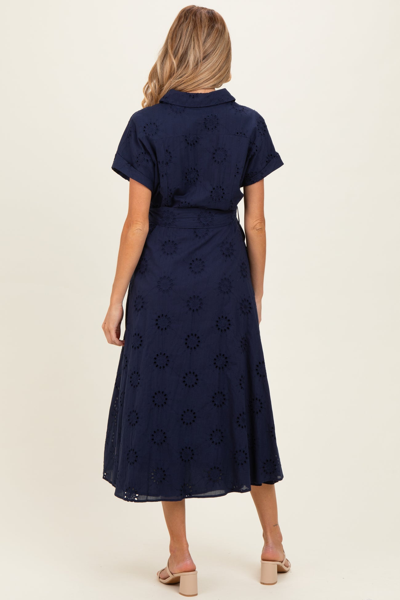 Navy Eyelet Lace Waist Tie Maternity Shirt Dress