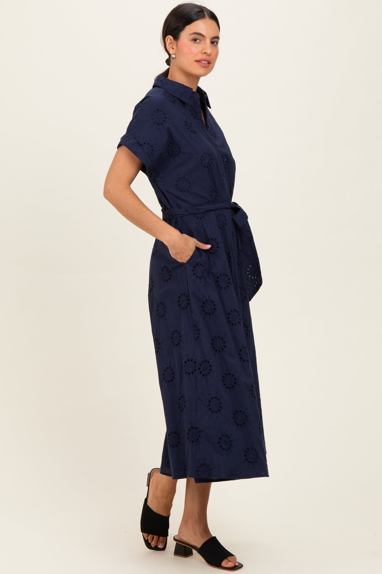 Navy Eyelet Lace Waist Tie Shirt Dress