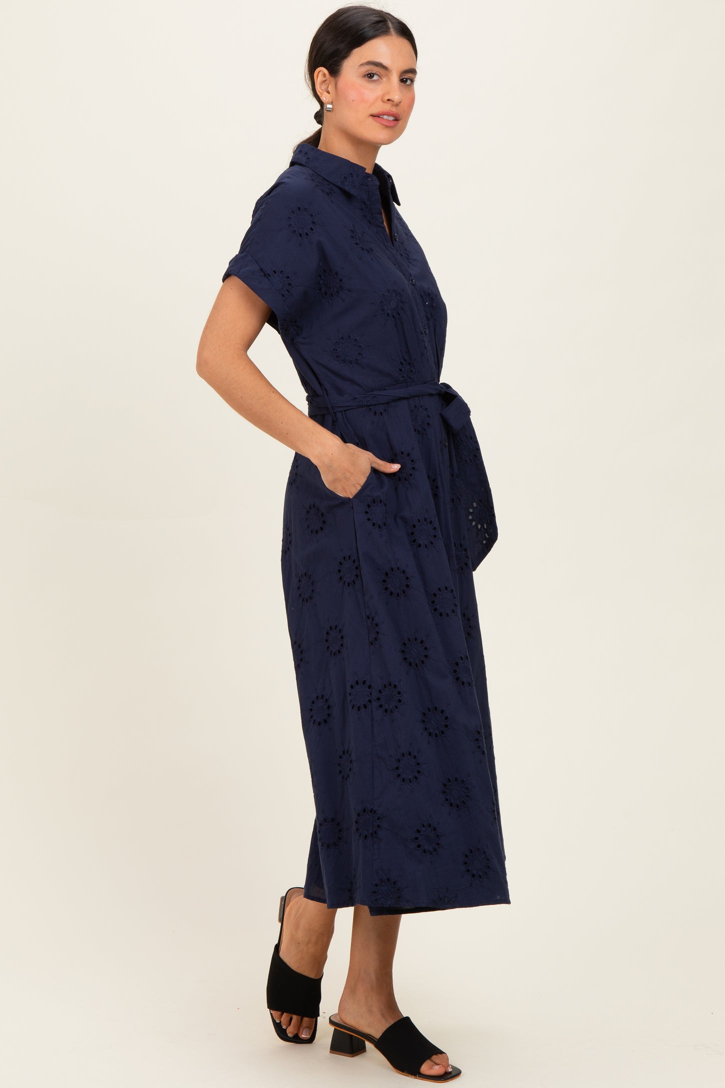 Navy Eyelet Lace Waist Tie Shirt Dress