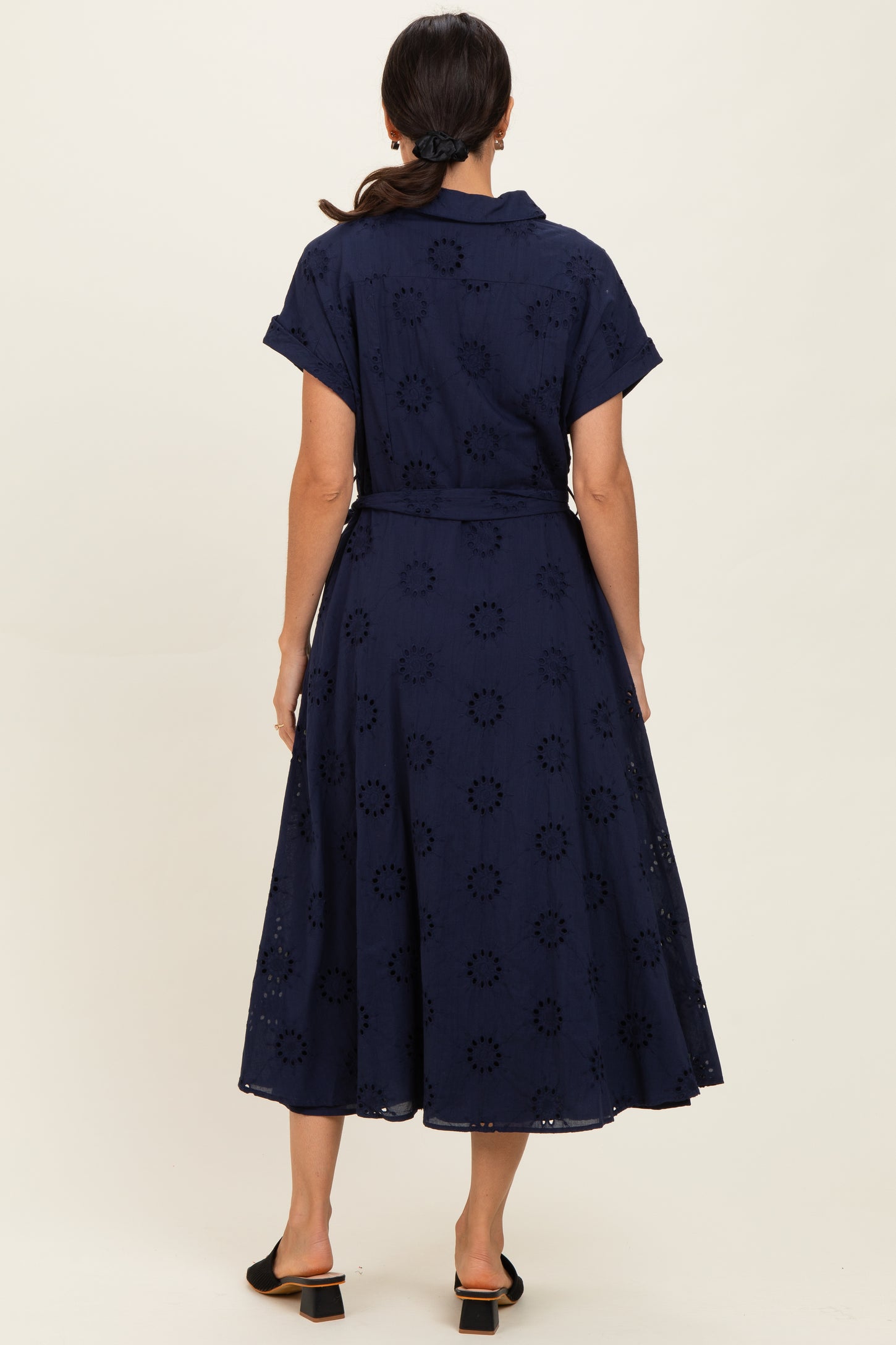Navy Eyelet Lace Waist Tie Shirt Dress