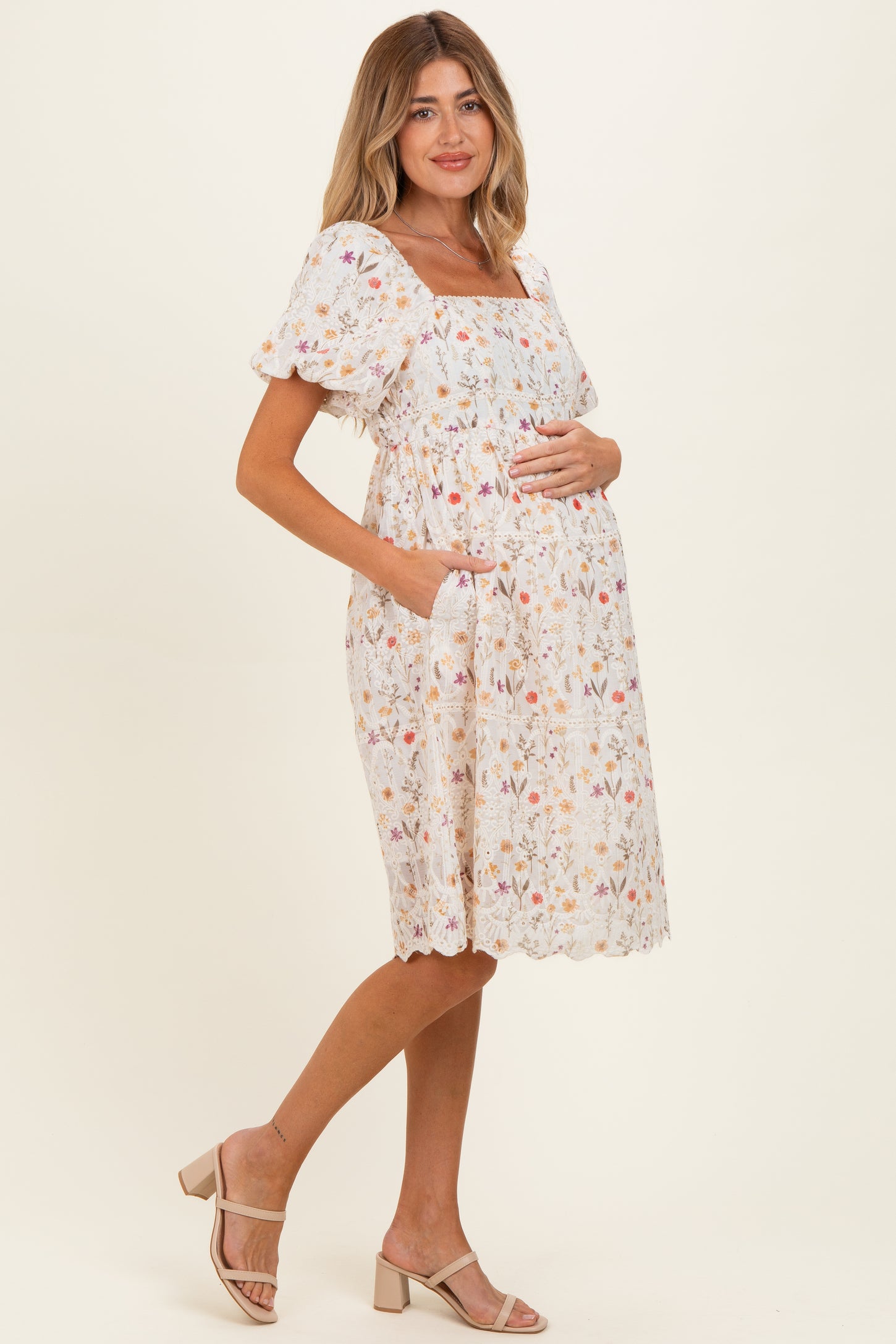 embroidered floral maternity dress Flowers Maternity Wedding Dress: Colorful Pink Blue Floral Alternative Elopement Summer Wedding Bridal Gown