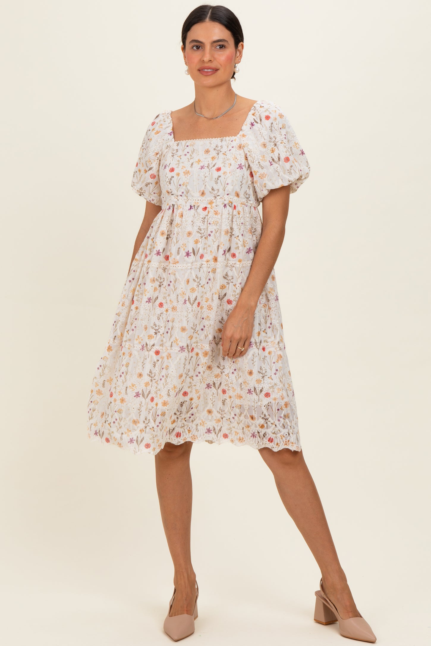 Ivory Floral Embroidered Maternity Mini Dress