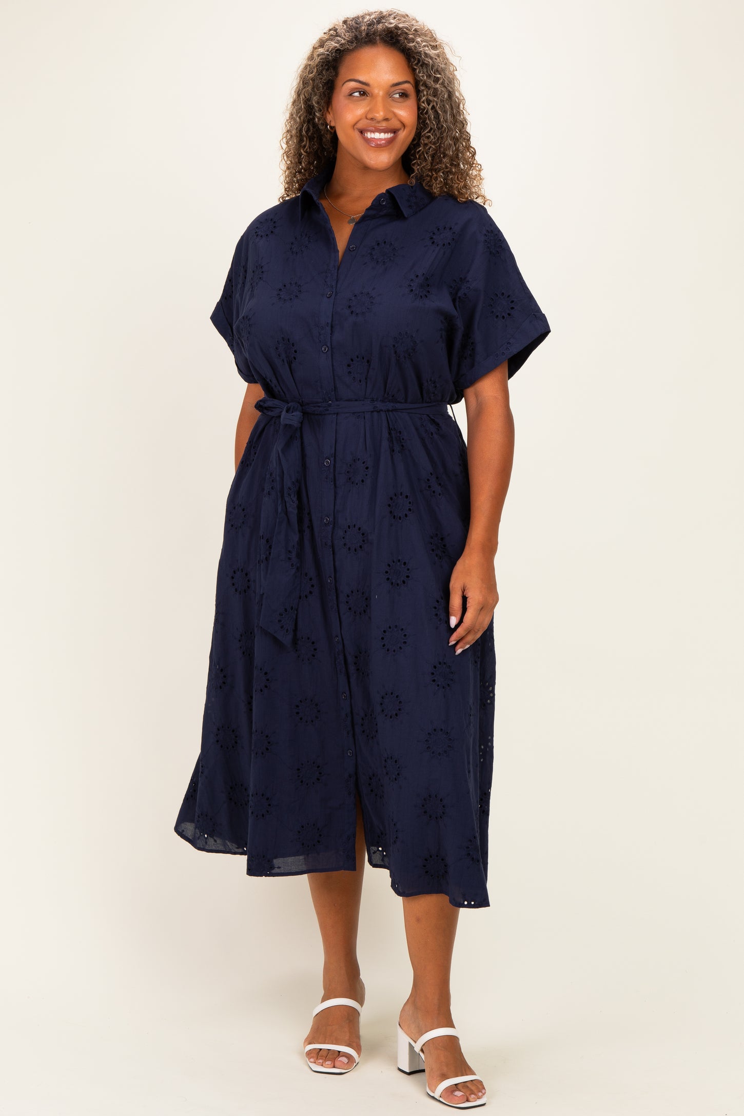 Navy Eyelet Lace Waist Tie Plus Shirt Dress