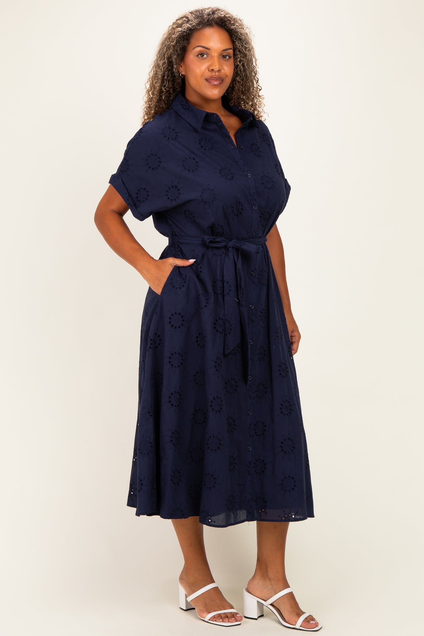 Navy Eyelet Lace Waist Tie Plus Shirt Dress