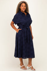 Navy Eyelet Lace Waist Tie Plus Shirt Dress