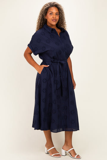 Navy Eyelet Lace Waist Tie Plus Shirt Dress