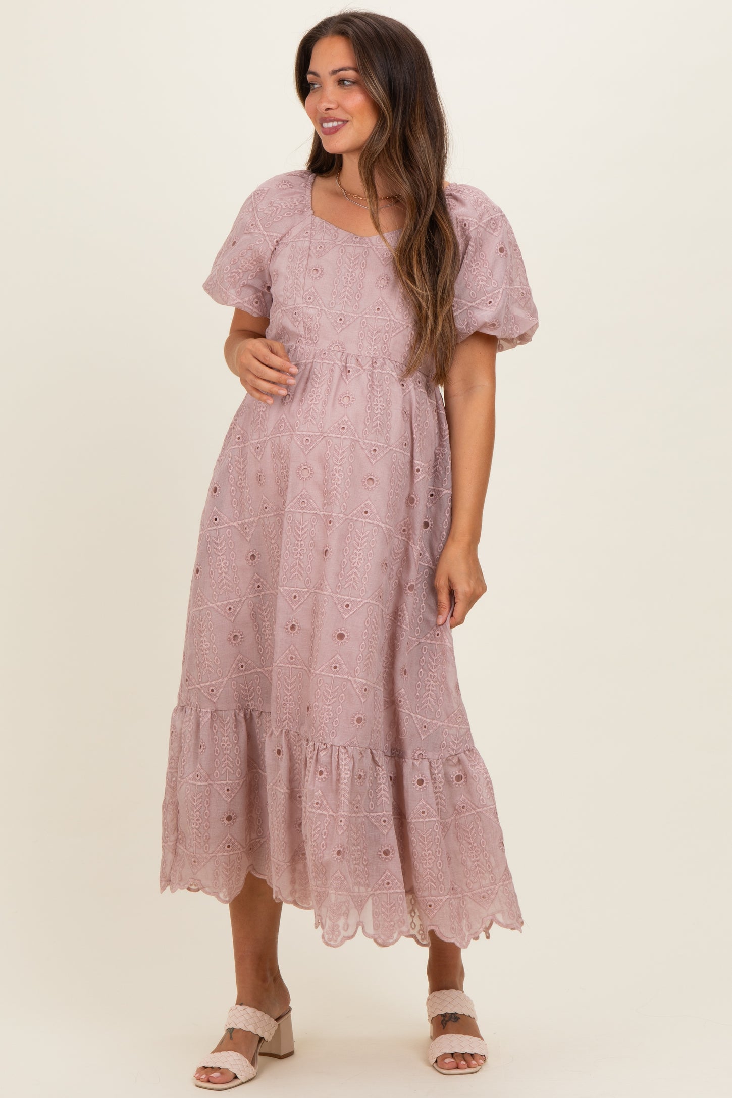 mauve midi dress with sleeves Mauve Long Sleeve Round Neck Midi Dress