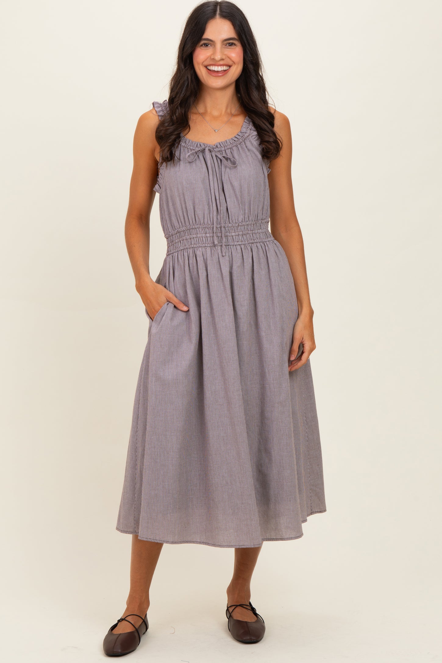 Brown Cinched Waist Front Tie Midi Dress