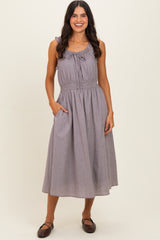 Brown Cinched Waist Front Tie Midi Dress