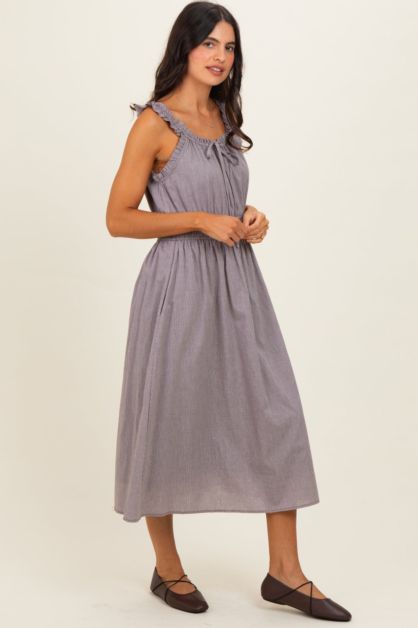 brown cinched dress Brown Cotton-Linen Cinched Waist Flared Maxi Dress 68" / Tall (5'7" and above)