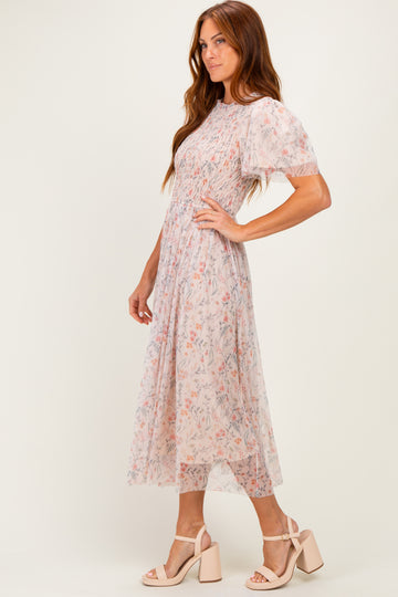 Cream Floral Smocked Midi Dress