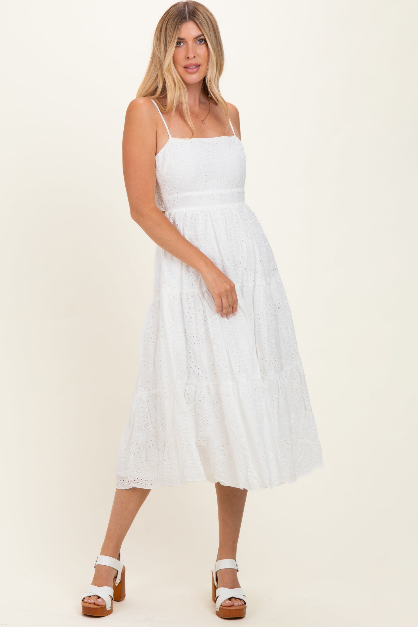 white tie back midi dress Coastal Daydream White Eyelet Lace Tie Back Midi Dress, White M