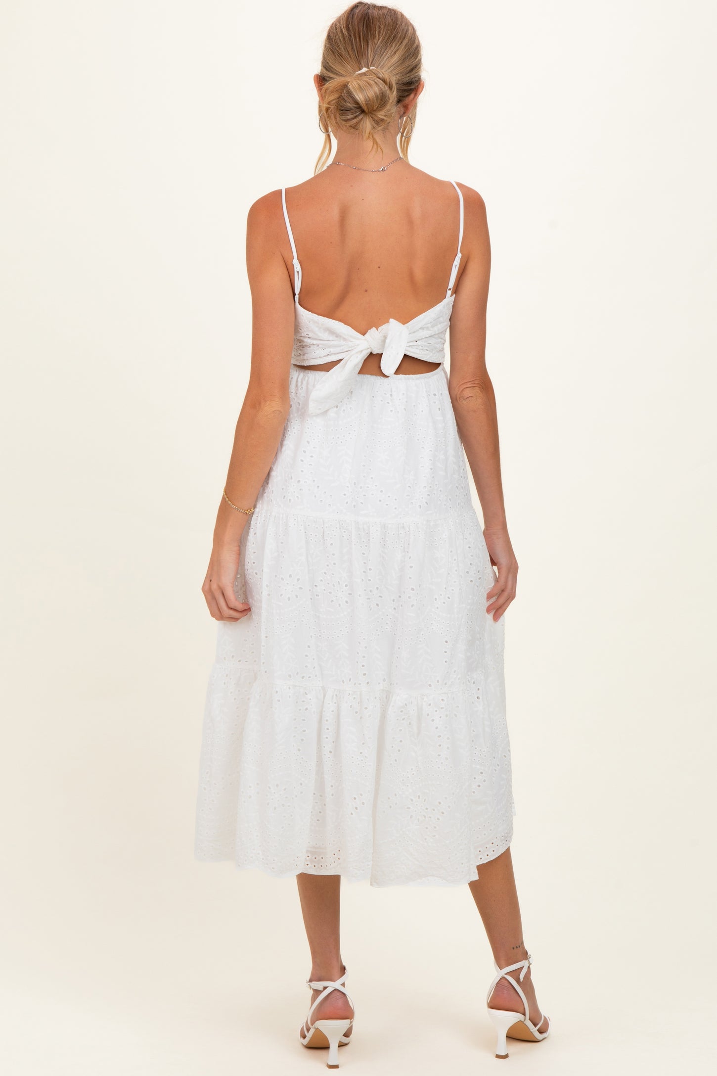 Off White Eyelet Lace Cutout Tie Back Maternity Midi Dress
