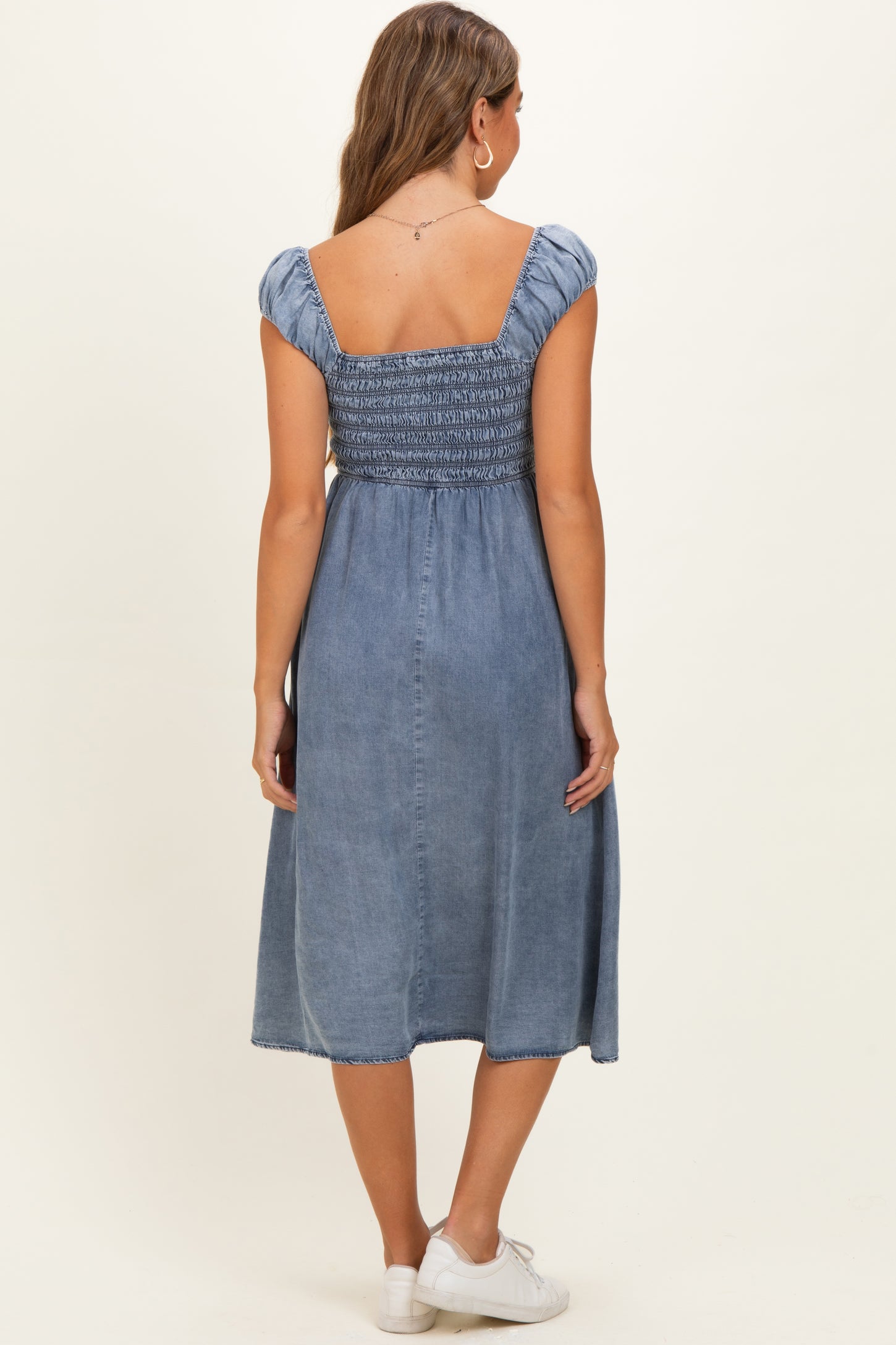 Medium Denim Chambray Smocked Maternity Midi Dress