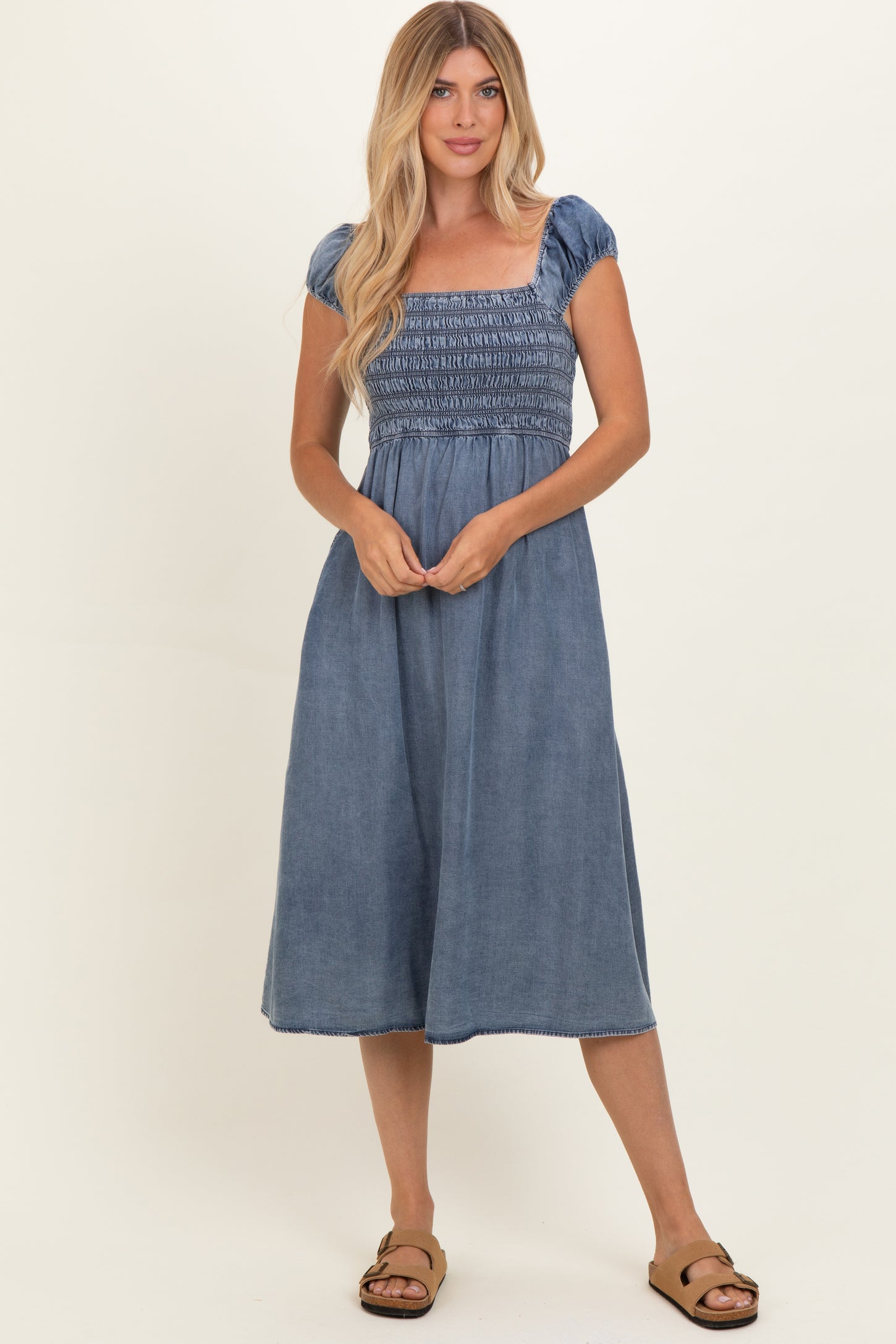 midi chambray dress Medium Denim Chambray Smocked Midi Dress