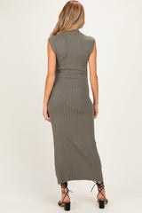 Olive Ribbed Knit Mock Neck Maternity Maxi Dress