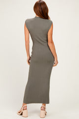 woman wearing a fitted olive green ribbed maxi dress with cap sleeves, shown from the back