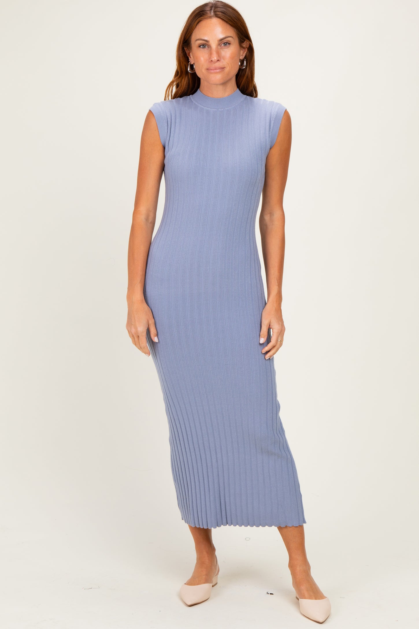 Blue Ribbed Knit Mock Neck Maxi Dress – PinkBlush