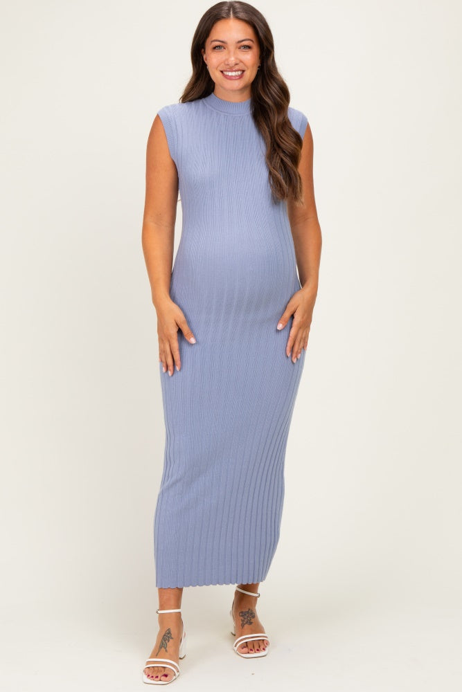 blue ribbed maternity dress Navy Blue Sleeveless Ribbed Knit Fitted Maternity Dress Large