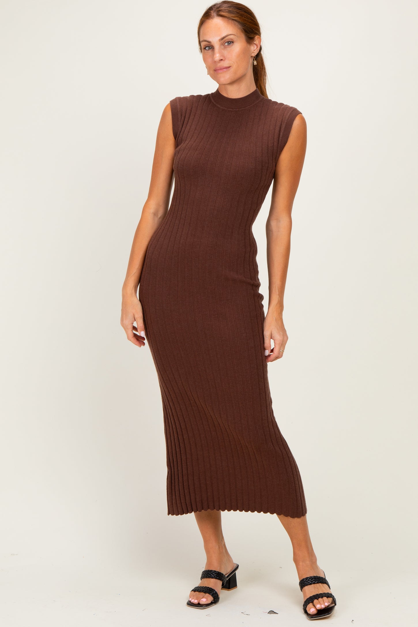 Chocolate Ribbed Knit Mock Neck Maxi Dress