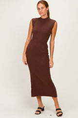 Chocolate Ribbed Knit Mock Neck Maxi Dress