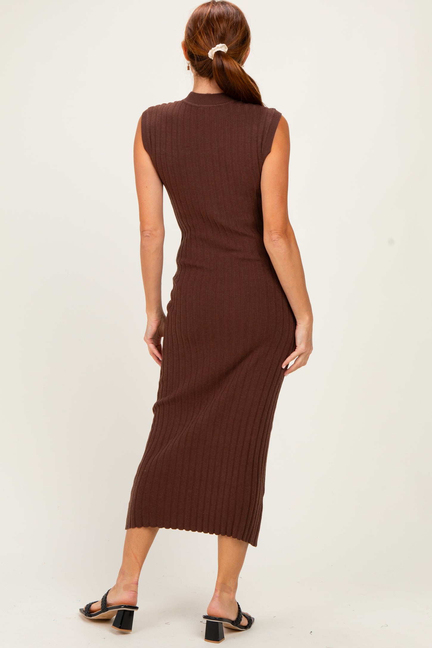 Chocolate Ribbed Knit Mock Neck Maxi Dress