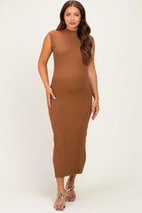 Mocha Ribbed Knit Mock Neck Maternity Maxi Dress