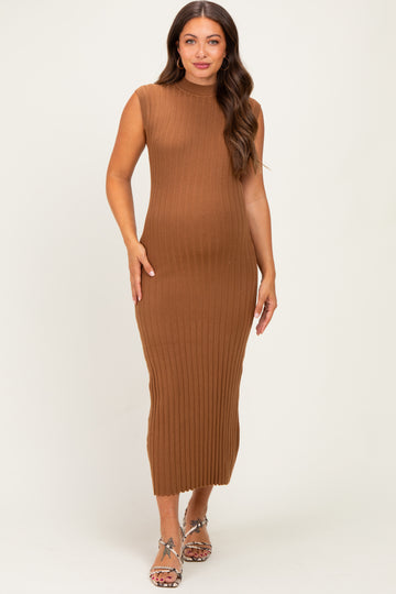 Mocha Ribbed Knit Mock Neck Maternity Maxi Dress